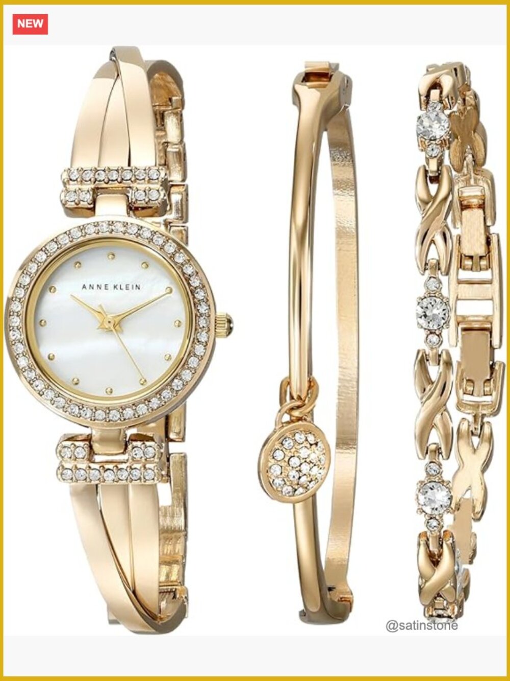 Gold-Tone Bangle Watch Set with Crystal Accents and Mother-of-Pearl Dial